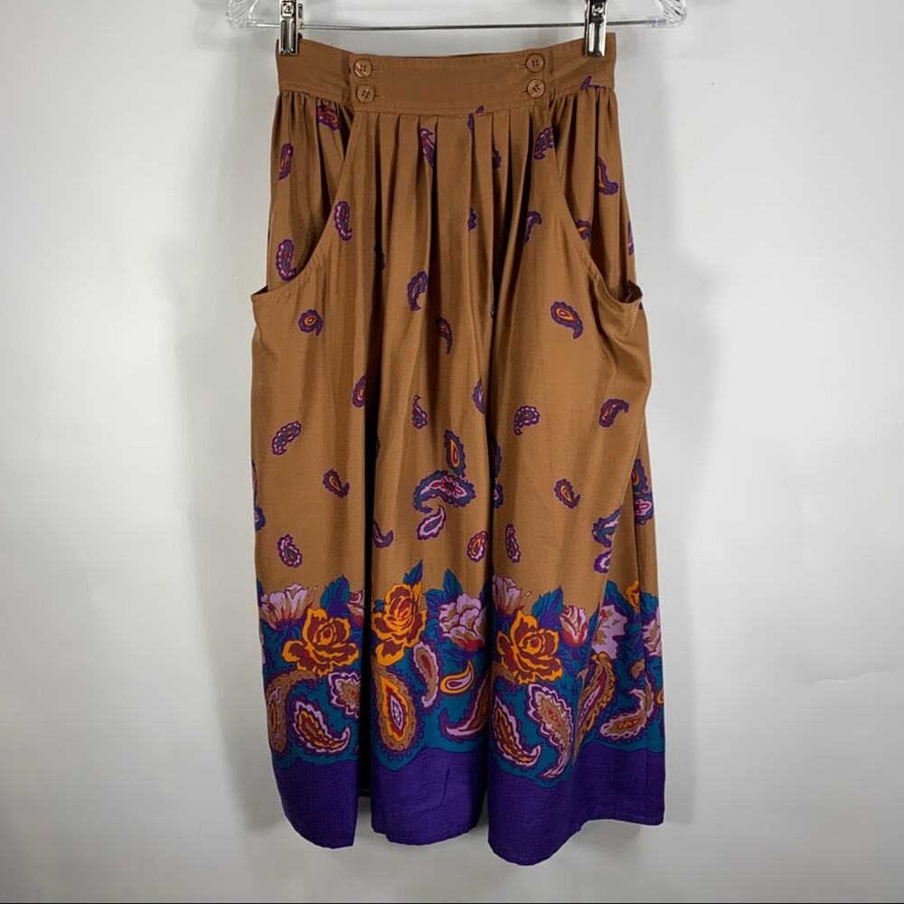 Paisley Border Print Midi Skirt XS
